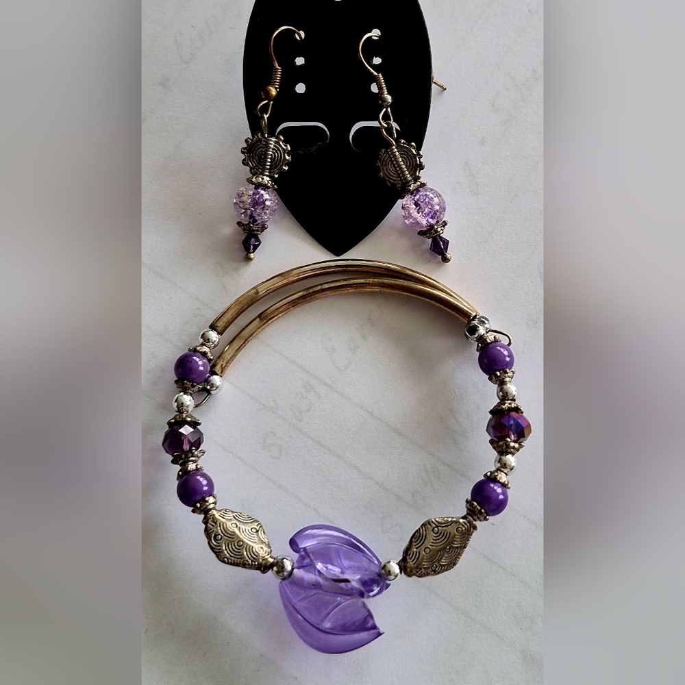 Purple and Silver Earrings And Bracelet Set